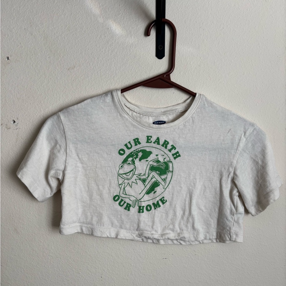 White Crop Top with Green Earth Graphic